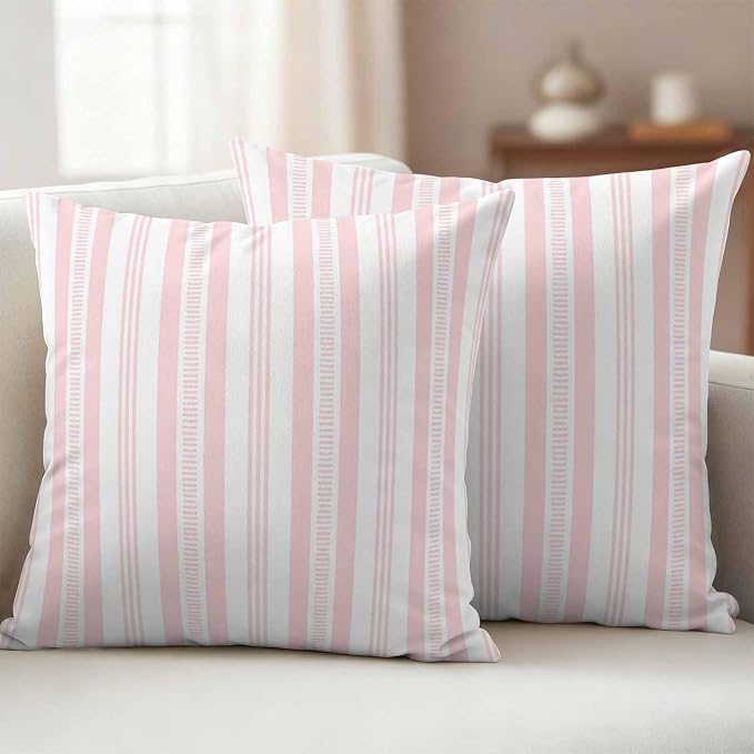 Pink Striped Outdoor Waterproof Pillow Covers, Farmhouse Stripes Modern Geometric Decorative Square Throw Pillowcase Sofa Cushion Sham for Patio/Couch/Chair, 16"x16" 2 Pack