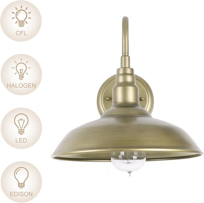 10 Inch Gooseneck Barn Light for Farmhouse, Brass Exterior Barn Style Light Fixture with Wall Mount, Outside Goose Neck Wall Sconce for Front Door Porch Patio Garage