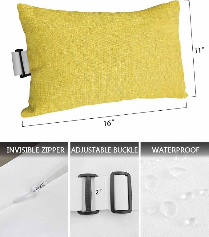 Pack of 2 Outdoor Lumbar Pillow Covers 11x16 Inch, Yellow Burlap Texture Waterproof Throw Pillow Covers Set, Farmhouse Vintage Yellow Indoor&Outdoor Decorative Cushion Cases for Patio Porch Beach