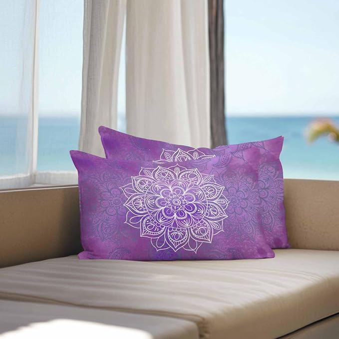 Vandarllin Outdoor Throw Pillows Covers 20x12 inch Set of 2 Waterproof Purple Boho Floral Decorative Zippered Cushion Covers for Patio Furniture, Bohemian Flower Lumbar Pillowcases