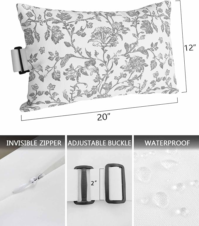 Pack of 2 Outdoor Lumbar Pillow Covers 12x20 Inch, Grey Flower Waterproof Throw Pillow Covers Set, Vintage Farmhouse Boho Leaf Spring Plant Indoor&Outdoor Cushion Cases for Patio Porch Beach
