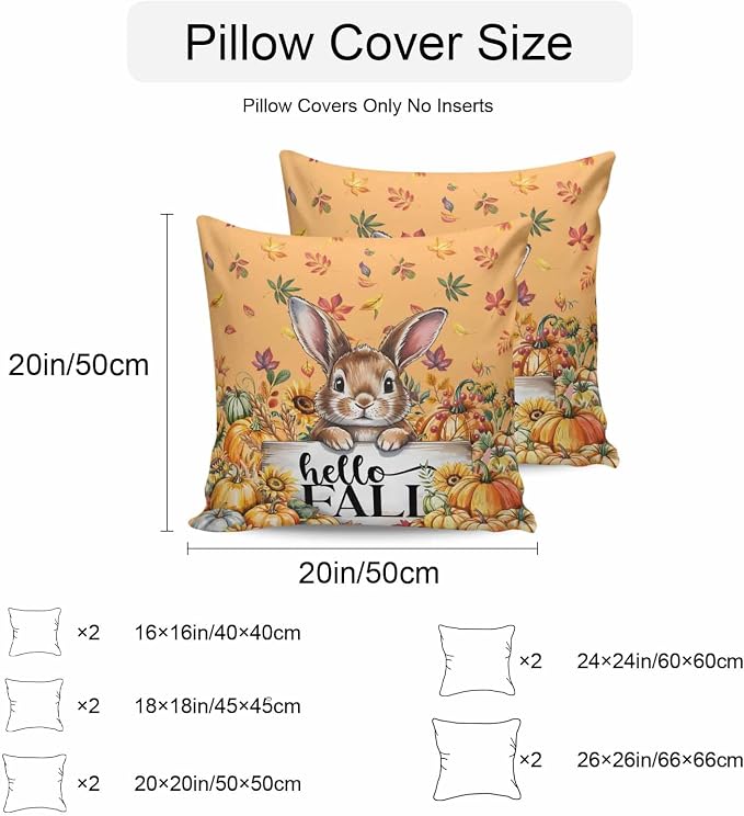 Thanksgiving Rabbit Outdoor Waterproof Pillow Covers, Orange Pumpkins Fall Leaves Flowers Decorative Square Throw Pillowcase Sofa Cushion Sham for Patio/Couch/Chair, 20"x20" 2 Pack