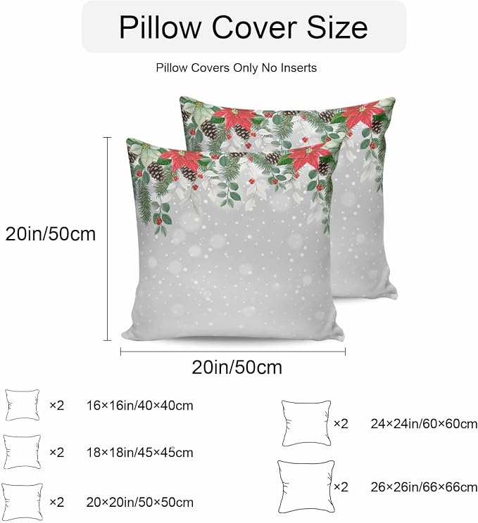 Outdoor Throw Pillow Covers, Christmas Poinsettia Flower Pine Cones Eucalyptus Leaf Winter Snowflake Gray Waterproof Pillowcases Cushion Covers Cases for Patio Couch Bench, Pack of 2 Square, 18"X18"