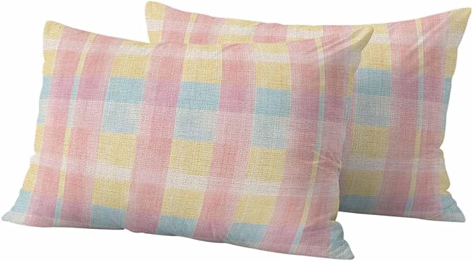 Colorful Plaids Outdoor Waterproof Throw Pillow Covers Set of 2, 20"x12", Pink Blue Yellow Stripes Geometric Rustic Decorative Pillow Covers Outside Cushion Case for Patio Porch Garden