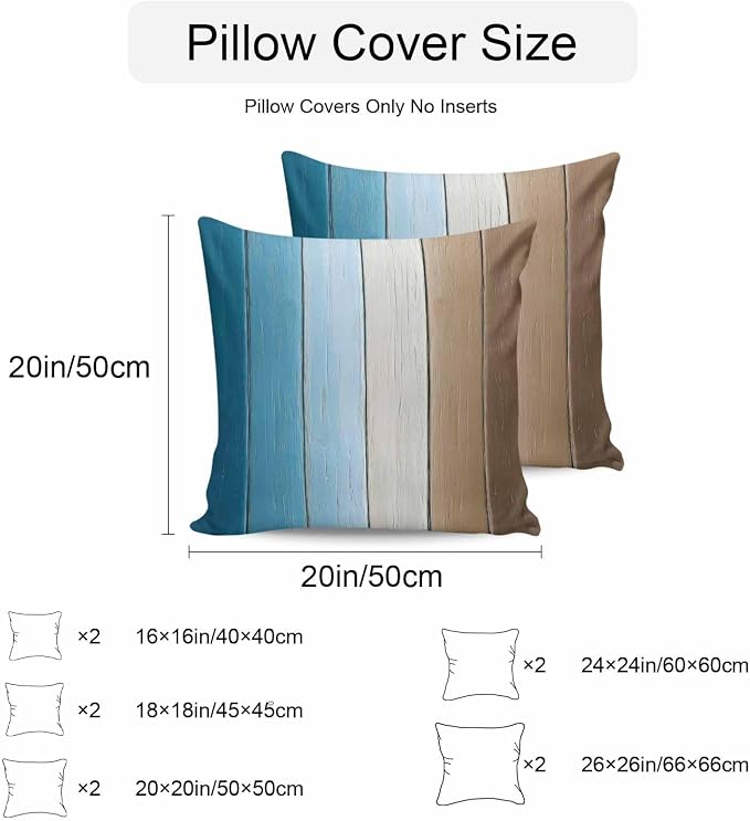 Throw Pillow Covers 26x26 Inch Set of 2, Blue Brown Ombre Waterproof Outdoor Cushion Covers, Vintage Country Wooden Decorative Pillowcases for Couch, Sofa, Bed, Garden, Patio