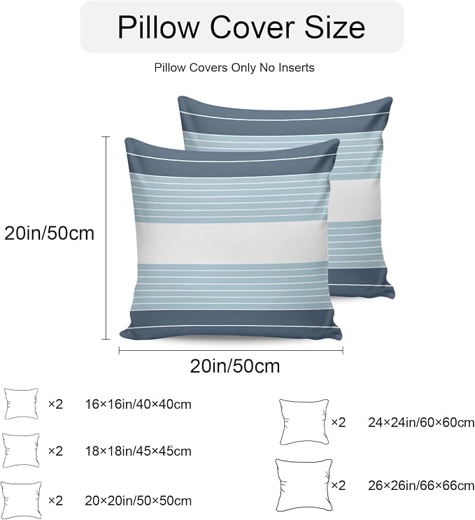Haze Blue Aqua Stripe Outdoor Pillow Covers Waterproof, All Weather Cushion Case Set of 2, Modern Art Horizontal Striped Decorative Pillowcases for Sofa Couch Bed Decor Patio Furniture 16"x16"