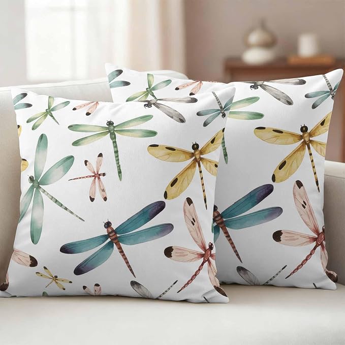 Dragonfly Outdoor Pillow Covers 18x18 Inch Throw Pillow Covers Set of 2 Waterproof Decorative Pillow Cases Watercolor Colorful Nature Painting Art Cushion Covers for Patio Furniture Garden Couch Sofa