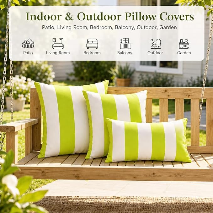 Pack of 2 Outdoor Waterproof Striped Pillow Covers Decorative Throw Covers | 20x20,Green Yellow Garden Cushion Covers, Farmhouse Pillowcases for Couch Sofa Patio Tent Balcony