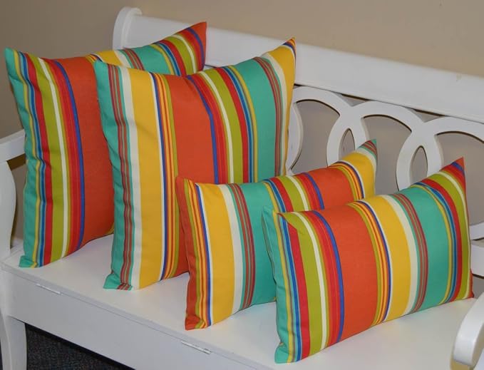 Set of 4 Pillows ~ 2 20" Square & 2 Rectangle/Lumbar Coral, Yellow, Turquoise, Red, Blue, Green, White Bright/Colorful Stripe Indoor/Outdoor Pillows