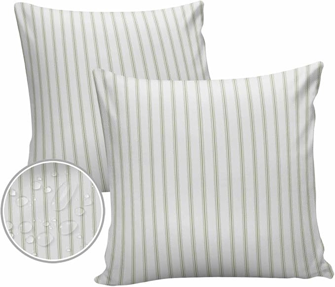 Outdoor Waterproof Throw Pillow Covers Set of 2 Sage Green Stripes Pillowcases 18x18 Inches Vertical Striped Patio Decorative Pillows Cushion Case Patio Pillows for Couch Bed Chair Garden