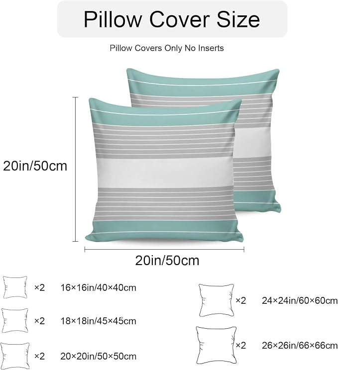Turquoise Grey Stripe Outdoor Pillow Covers Waterproof, All Weather Cushion Case Set of 2, Modern Art Horizontal Striped Decorative Pillowcases for Sofa Couch Bed Decor Patio Furniture 16"x16"