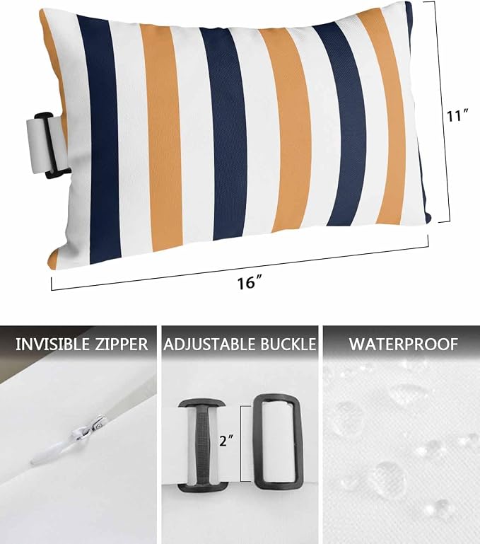 Pack of 2 Outdoor Lumbar Pillow Covers 11x16 Inch, Burnt Orange Navy Blue Striped Waterproof Throw Pillow Covers Set, Farmhouse Stripe Art Indoor&Outdoor Decorative Cushion Cases for Patio Porch Beach
