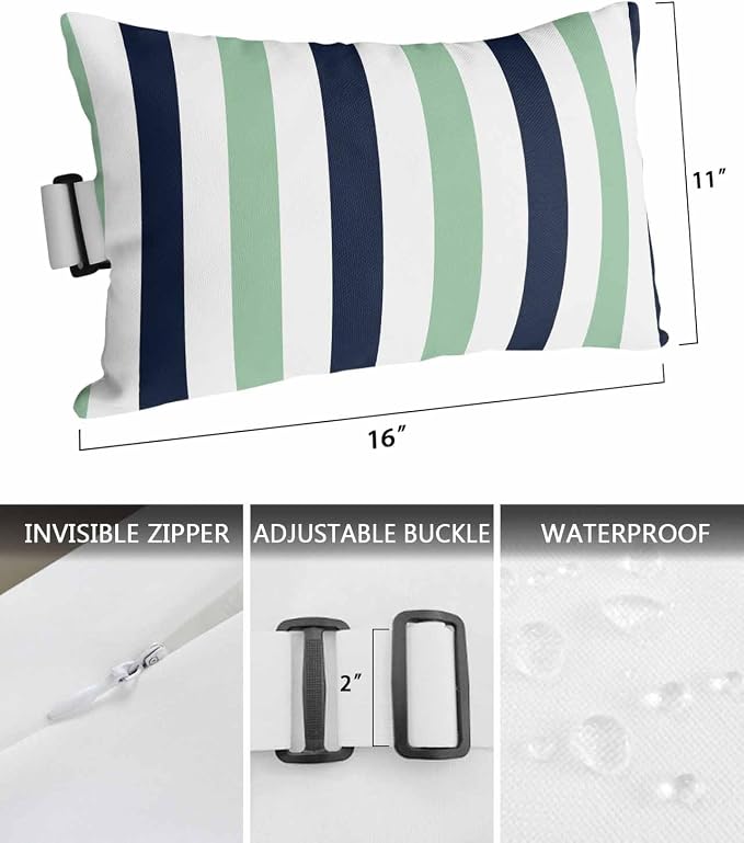 Pack of 2 Outdoor Lumbar Pillow Covers 11x16 Inch, Light Green Navy Blue Striped Waterproof Throw Pillow Covers Set, Farmhouse Stripe Art Indoor&Outdoor Decorative Cushion Cases for Patio Porch Beach
