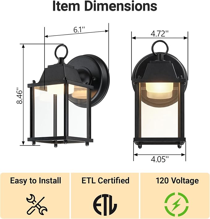 Outdoor Wall Light Fixture, Rustproof Aluminum, Clear Glass, LED | Exterior Porch Light Wall Sconce Lantern for House, Patio, Garage, Waterproof Anti-rust, 9.5W 800 Lumen, 3000K, Black, 2 Pack