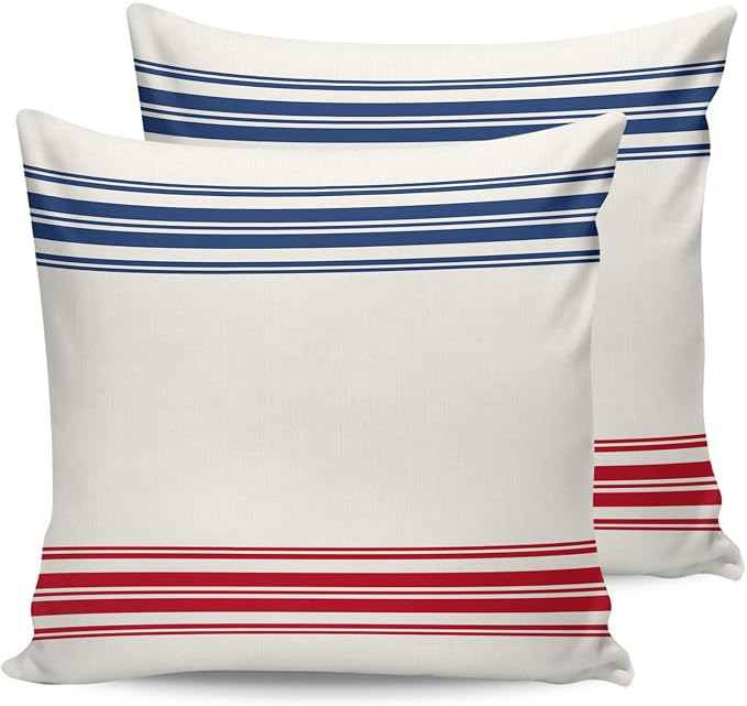 Outdoor Waterproof Pillow Covers Set of 2, Independence Day Flag Day Blue Red Stripe Vintage Patio Throw Pillow Covers, Decorative Cushion Case for Couch Sofa Furniture Garden, 26x26 Inch