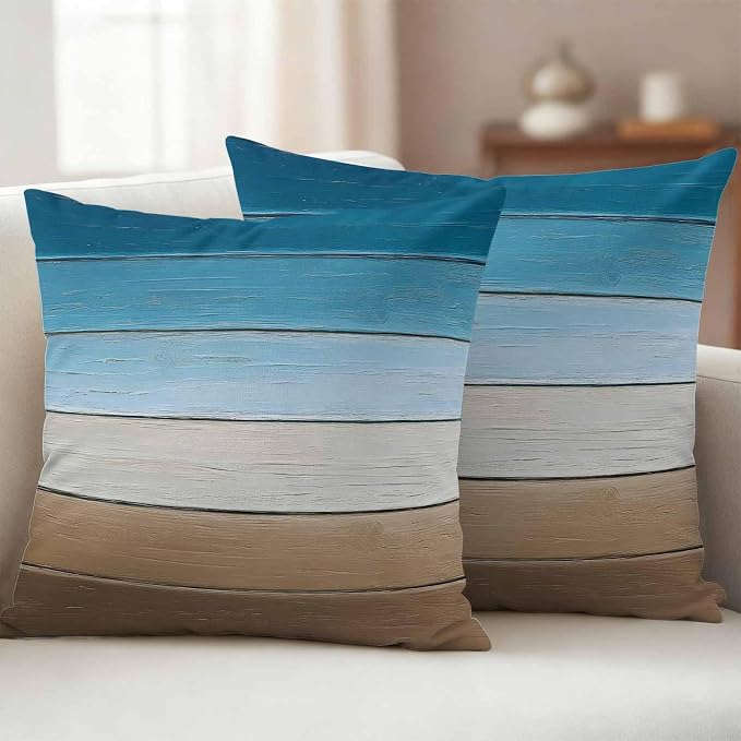Blue Beige Brown Outdoor Pillow Covers 24x24 Inch Throw Pillow Covers Set of 2 Waterproof Decorative Pillow Cases Country Retro Gradient Wooden Grain Cushion Covers for Patio Furniture Garden Couch