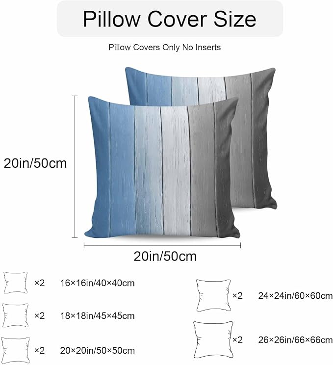 Throw Pillow Covers 24x24 Inch Set of 2, Blue Gray Ombre Waterproof Outdoor Cushion Covers, Vintage Country Wooden Decorative Pillowcases for Couch, Sofa, Bed, Garden, Patio