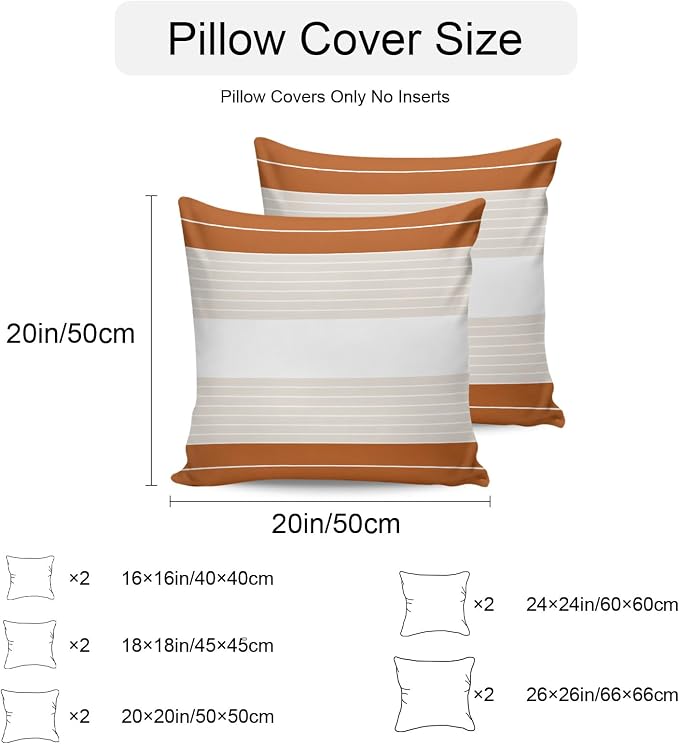 Orange Beige Stripe Outdoor Pillow Covers Waterproof, All Weather Cushion Case Set of 2, Modern Art Horizontal Striped Decorative Pillowcases for Sofa Couch Bed Decor Patio Furniture 18"x18"
