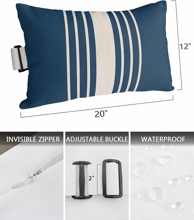 Pack of 2 Outdoor Lumbar Pillow Covers 12x20 Inch, Navy Blue Beige Striped Waterproof Throw Pillow Covers Set, Modern Farmhouse Retro Lines Indoor&Outdoor Cushion Cases for Patio Porch Beach