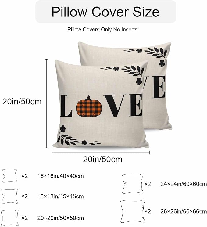Orange Pumpkin Outdoor Waterproof Pillow Covers, Fall Leaves Love Heart Beige Pastoral Decorative Square Throw Pillowcase Sofa Cushion Sham for Patio/Couch/Chair, 16"x16" 2 Pack