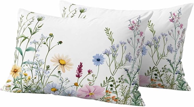 Farms Wildflowers Outdoor Waterproof Throw Pillow Covers Set of 2, 20"x12", Herbs Countryside Watercolor Floral Leaf Decorative Pillow Covers Outside Cushion Case for Patio Porch Garden