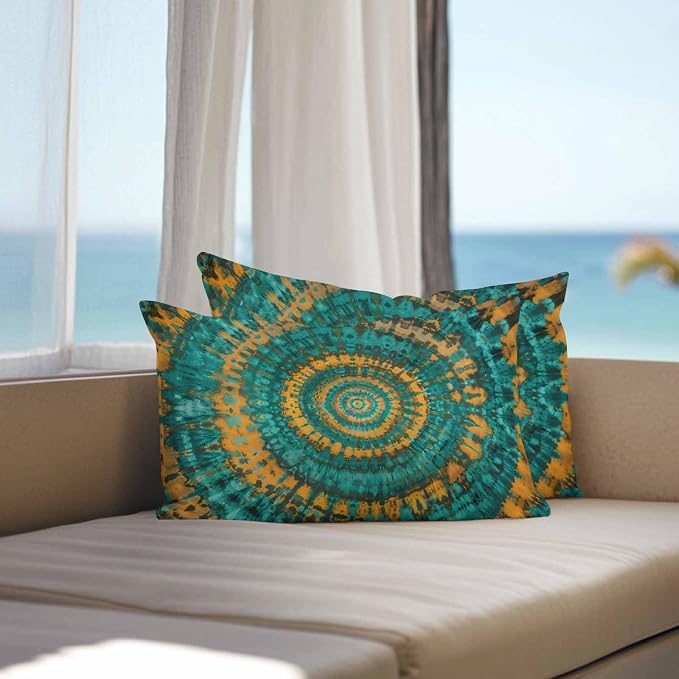 Vandarllin Outdoor Throw Pillows Covers 20x12 inch Set of 2 Waterproof Turquoise Yellow Tie-Dye Art Decorative Zippered Cushion Covers for Patio Furniture, Abstract Boho Tribe Lumbar Pillowcases
