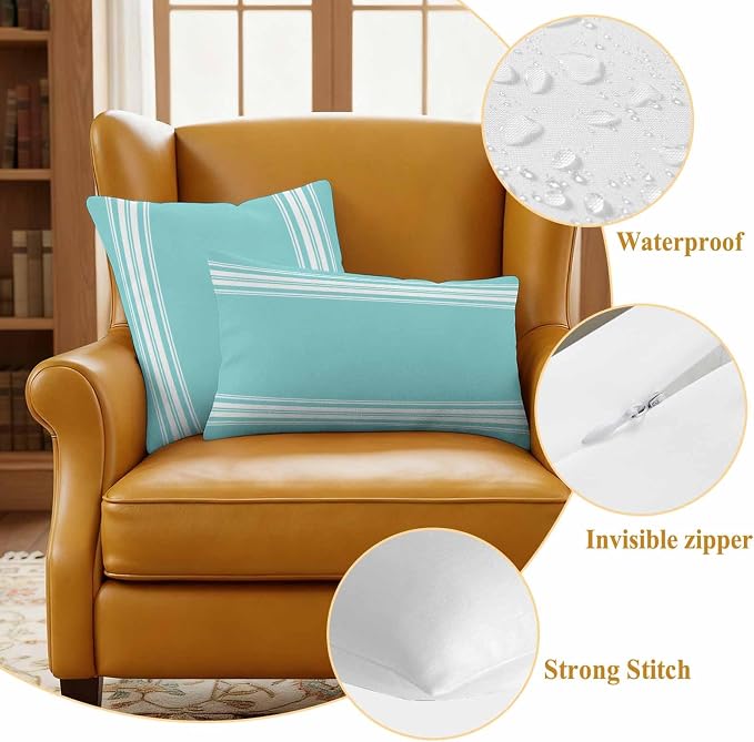 Outdoor Pillow Covers 12x20 Set of 2 Teal Stripes Outdoor Pillows Waterproof Throw Pillow Covers French Stripe Farmhouse Style Pillowcases Decorative Case for Patio Cushion