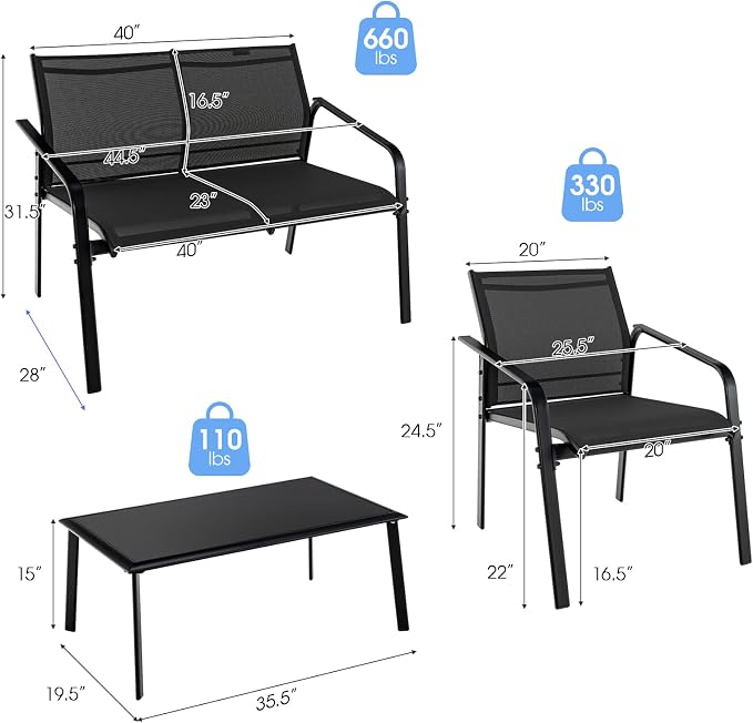 HAPPYGRILL 4 Piece Outdoor Conversation Set Patio Furniture Set, Breathable Fabric Single Chairs & Loveseat, Tempered Glass Coffee Table, Patio Bistro Set for Poolside Yard Garden