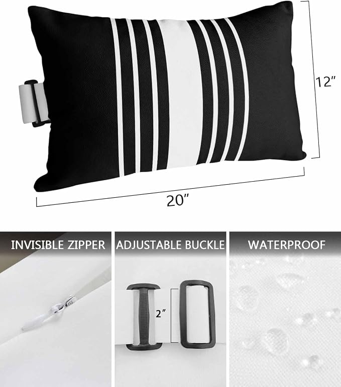 Pack of 2 Outdoor Lumbar Pillow Covers 12x20 Inch, Black White Stripe Waterproof Throw Pillow Covers Set, Modern Rustic Vertical Striped Indoor&Outdoor Decorative Cushion Cases for Patio Porch Beach