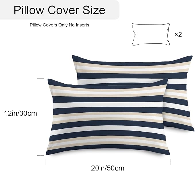 Khaki Navy Blue Striped Outdoor Pillow Covers Waterproof, All Weather Cushion Case Set of 2, Farmhouse Abstract Lines Art Lumbar Pillowcase for Sofa Couch Bed Decor Patio Furniture 20"x12"