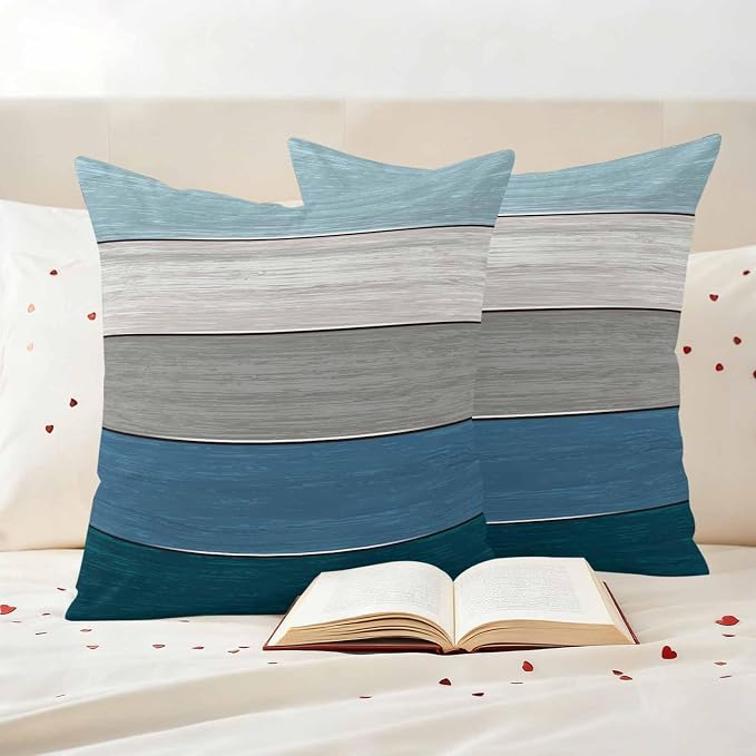 Outdoor Throw Pillow Covers 16X16 Set of 2 Waterproof Ombre Blue Gray Decorative Zippered Cushion Covers for Patio Furniture, Farmhouse Retro Rustic Barn Wood Texture Lumbar Pillowcases Ocean Hues