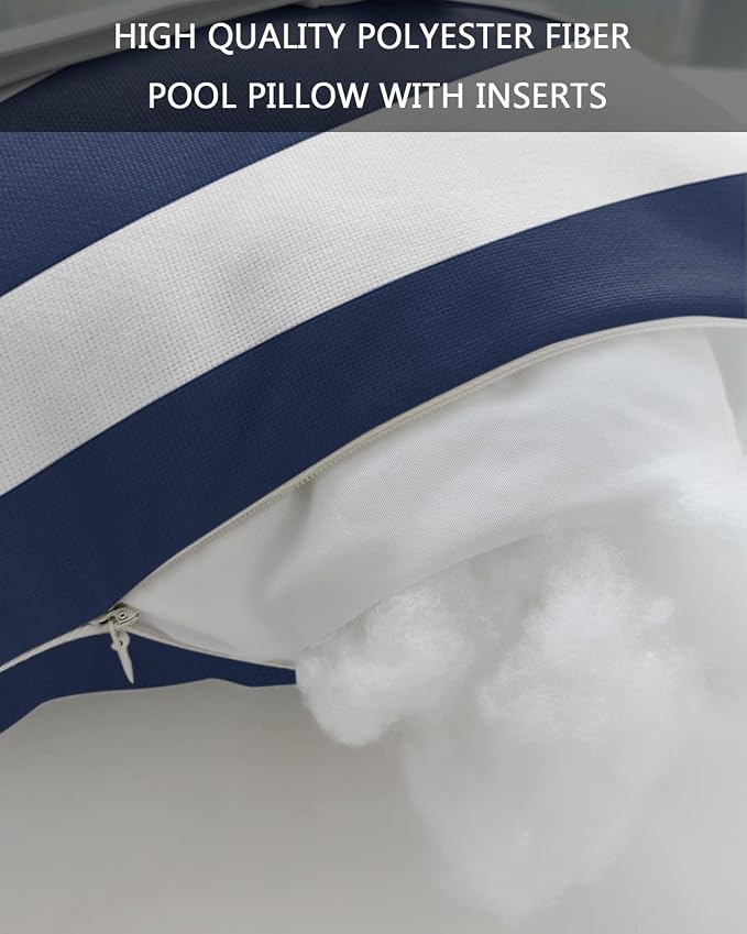 Navy and White Striped Outdoor Pillows with Insert Waterproof Classic Navy Blue White Patio Pillows with Adjustable Strap Decorative Head Recliner Lounger Chair Throw for Patio Furnitures, 2 Pack