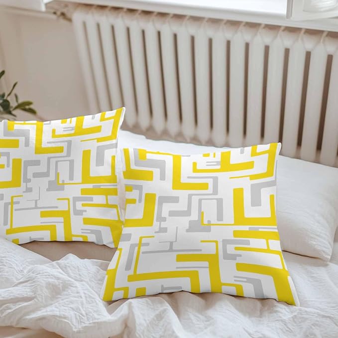 Vandarllin Outdoor Throw Pillows Covers 18x18 inch Set of 2 Waterproof Yellow Geometric Stripes Decorative Zippered Cushion Covers for Patio Furniture, Modern Abstract Lines Lumbar Pillowcases