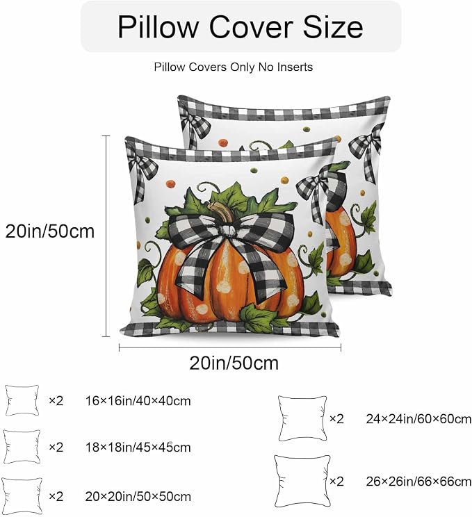 Orange Pumpkins Outdoor Waterproof Pillow Covers, Polka Dot Bow Fall Maple Leaves Plaid Decorative Square Throw Pillowcase Sofa Cushion Sham for Patio/Couch/Chair, 16"x16" 2 Pack