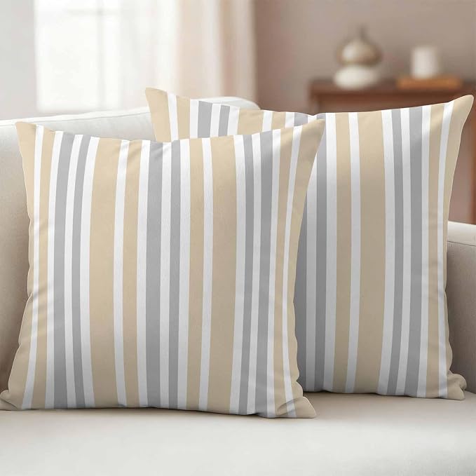 Beige Grey Stripe Outdoor Pillow Covers 26x26 Inch Throw Pillow Covers Set of 2 Waterproof Decorative Pillow Cases Farmhouse Minimalist Striped Cushion Covers for Patio Furniture Garden Couch Sofa