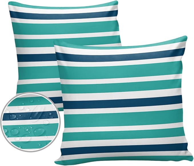 Outdoor Waterproof Throw Pillow Covers Set of 2 Navy Blue Turquoise Stripes Decorative Outdoor Pillows Cushion Case 16x16 Inch Teal Striped Patio Pillows for Couch Sofa Bed Garden Office Home Decor