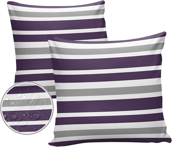 Outdoor Waterproof Throw Pillow Covers Set of 2 Grey Purple Stripes Decorative Outdoor Pillows Cushion Case 16x16 Inch Classic Striped Patio Pillows for Couch Sofa Bed Garden Office Home Decor