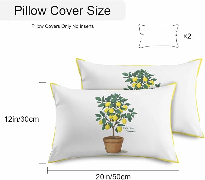 Summer Yellow Lemons Outdoor Waterproof Pillow Covers Set of 2, Green Leaf Botanical Garden Frame Pillowcase Decorative Throw Cushion Cases for Patio Garden Couch 20 x 12 Inches