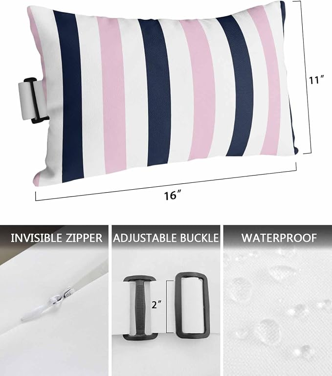 Pack of 4 Outdoor Lumbar Pillow Covers 11x16 Inch, Pink Navy Blue Striped Waterproof Throw Pillow Covers Set, Farmhouse Stripe Art Indoor&Outdoor Decorative Cushion Cases for Patio Porch Beach