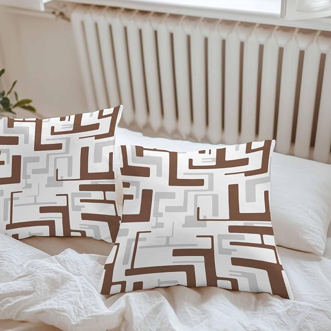 Vandarllin Outdoor Throw Pillows Covers 20x20 inch Set of 2 Waterproof Brown Geometric Stripes Decorative Zippered Cushion Covers for Patio Furniture, Modern Abstract Lines Lumbar Pillowcases