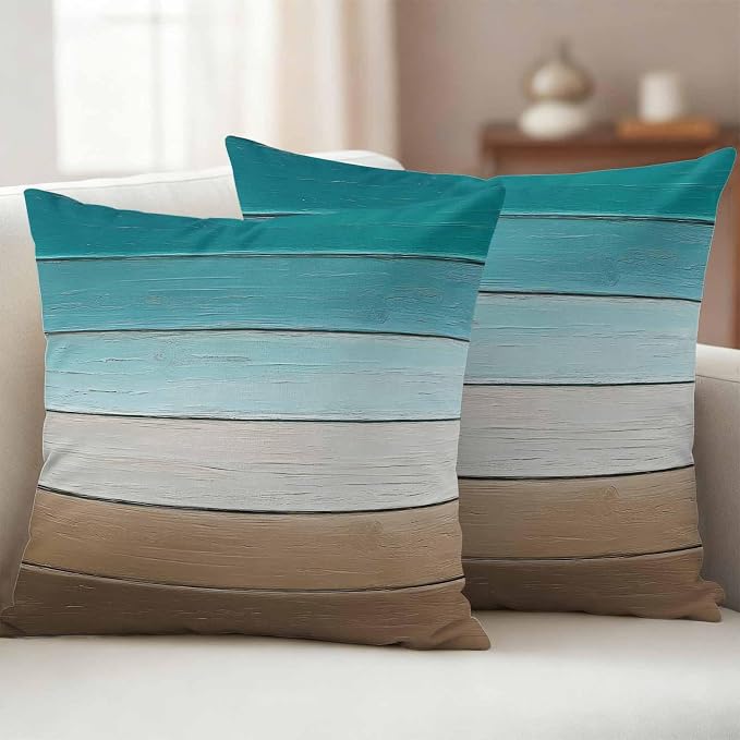 Teal Brown Outdoor Pillow Covers 24x24 Inch Throw Pillow Covers Set of 2 Waterproof Decorative Pillow Cases Rustic Vintage Abstract Ombre Wooden Plank Cushion Covers for Patio Furniture Garden Couch