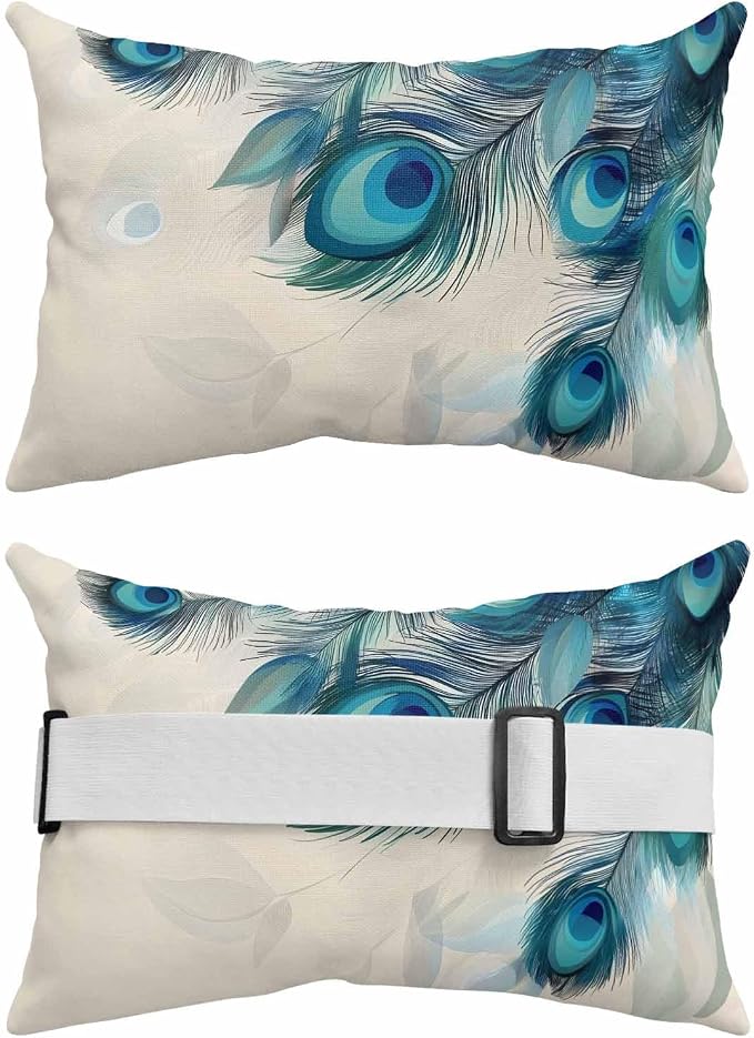 Pack of 2 Outdoor Lumbar Cushions with Inserts, Modern Blue Peacock Feather Animal Pattern Waterproof Fluffy Fade Body Pillows, Patio Furniture Pillow for Home Balcony Garden Decor 11x16IN