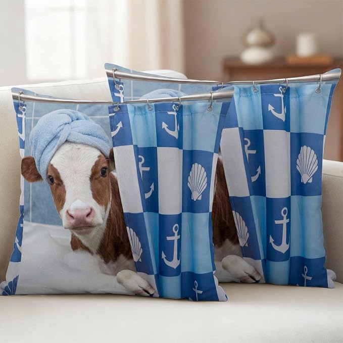 Bathing Cow Waterproof Outdoor Pillow Covers Set of 2 Home Decor, Funny Animal Showering Pillowcase Patio Pillow Covers for Couch Bench Patio Furniture Garden 26x26in