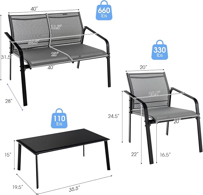 HAPPYGRILL 4 Piece Outdoor Conversation Set Patio Furniture Set, Breathable Fabric Single Chairs & Loveseat, Tempered Glass Coffee Table, Patio Bistro Set for Poolside Yard Garden
