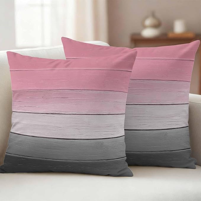 Pink Gray Outdoor Pillow Covers 18x18 Inch Throw Pillow Covers Set of 2 Waterproof Decorative Pillow Cases Vintage Country Gradient Wooden Plank Line Cushion Covers for Patio Furniture Garden Couch