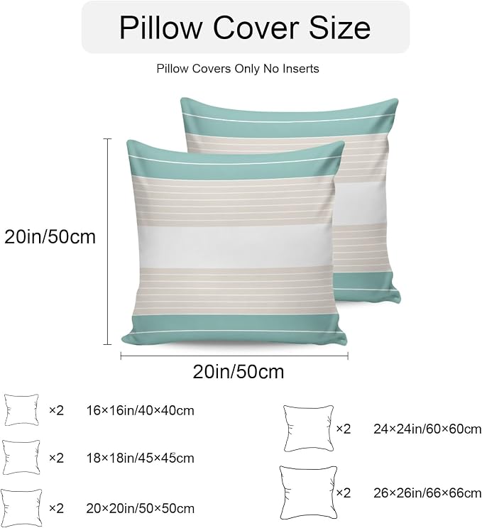 Turquoise Beige Stripe Outdoor Pillow Covers Waterproof, All Weather Cushion Case Set of 2, Modern Art Horizontal Striped Decorative Pillowcases for Sofa Couch Bed Decor Patio Furniture 16"x16"