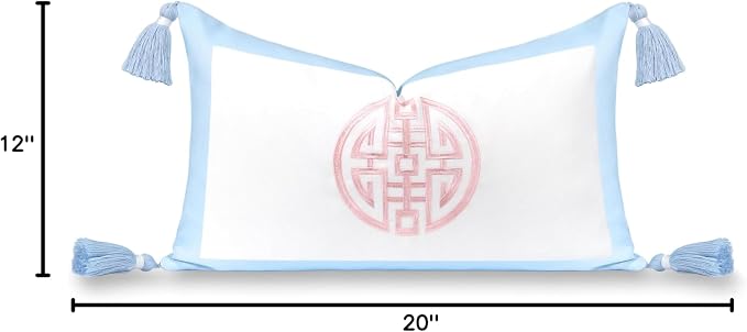 Hofdeco Premium Coastal Grandmillennial Patio Indoor Outdoor Lumbar Pillow Cover Only, 12"x20" Water Repellent for Backyard, Couch, Poolside, Baby Blue Pink Embroidered Double Happiness Symbol