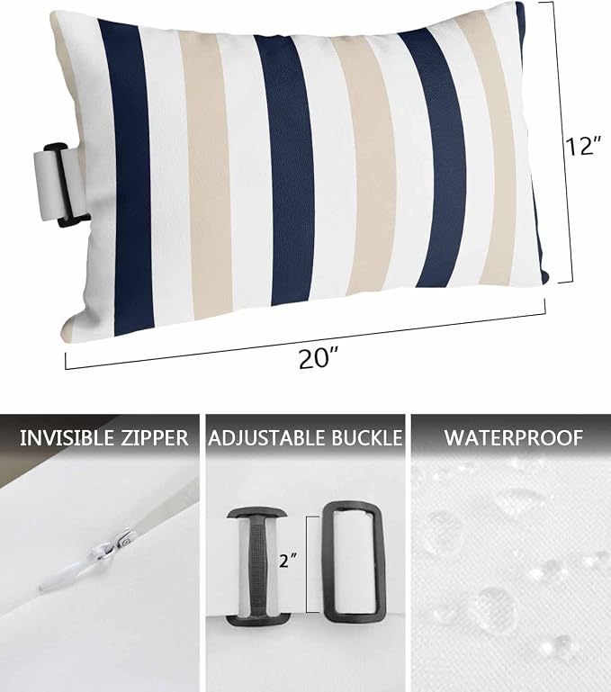 Pack of 4 Outdoor Lumbar Pillow Covers 12x20 Inch, Beige Navy Blue Striped Waterproof Throw Pillow Covers Set, Farmhouse Stripe Art Indoor&Outdoor Decorative Cushion Cases for Patio Porch Beach
