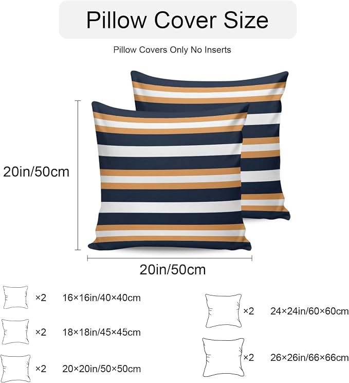 Orange Navy Blue Striped Outdoor Pillow Covers Waterproof, All Weather Cushion Case Set of 2, Minimalist Farmhouse Lines Decorative Pillowcases for Sofa Couch Bed Decor Patio Furniture 18"x18"