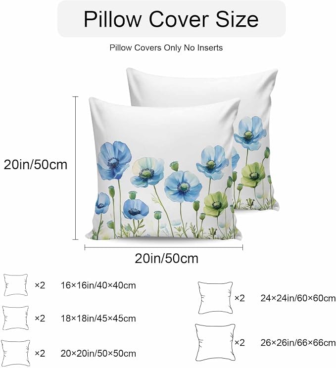 Flower Outdoor Throw Pillow Cover Watercolor Poppy Floral Waterproof Cushion Covers 2 Pack Pillow Cases Home Decoration for Patio Garden Couch Sofa,Garden Botanical Art